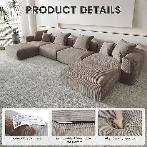 Miniatura 7 de Sofá modular de 141.73 pulgadas, sofá en forma de L con otomana, sofá de pana con 5 almohadas, sofás seccionales de pana de gran tamaño para sala de