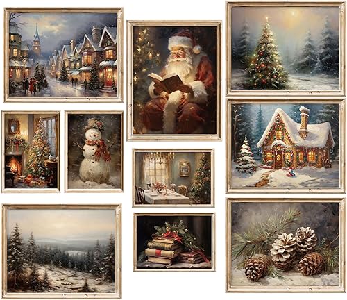 Miniatura 1 de Whaline 10 hojas de arte de pared vintage de Navidad, escena de nieve, Papá Noel, árbol de Navidad, pósteres retro cálidos de temporada, arte de