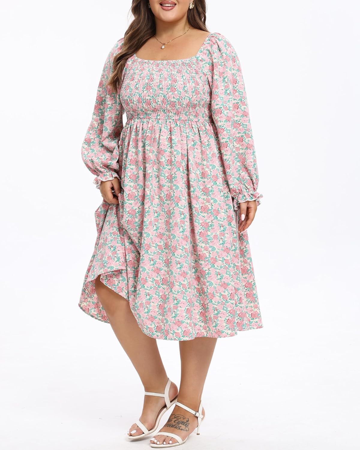 Plus Size Dresses for Curvy Women Fall Long Sleeve Boho Square Neck Flowy Cocktail Party Maxi Dress - Image 4