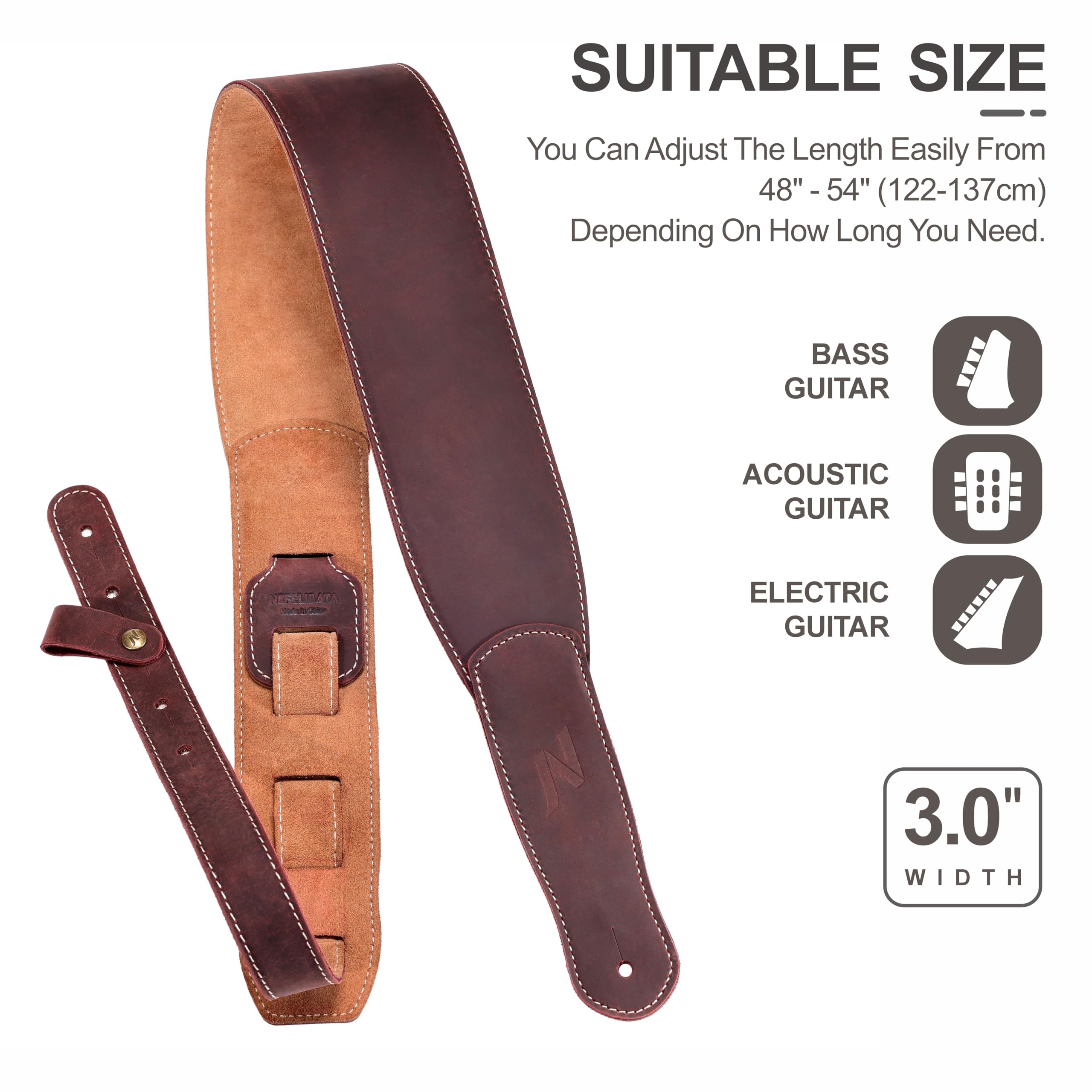 Nefelibata Correa de guitarra de 3 pulgadas, cuero de grano completo con acolchado de espuma y bucle organizador de cables para niños, hombres y mujeres para guitarra acústica, bajo y eléctrica