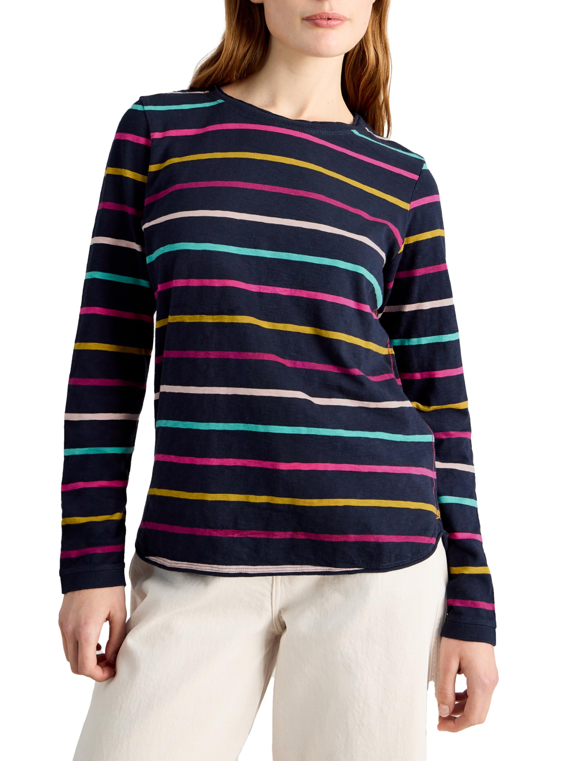 White Stuff Clara Stripe Long Sleeve Shirt - Classic Crew Neck Cotton Jersey T-Shirt - Navy Blue Multi - Size 8