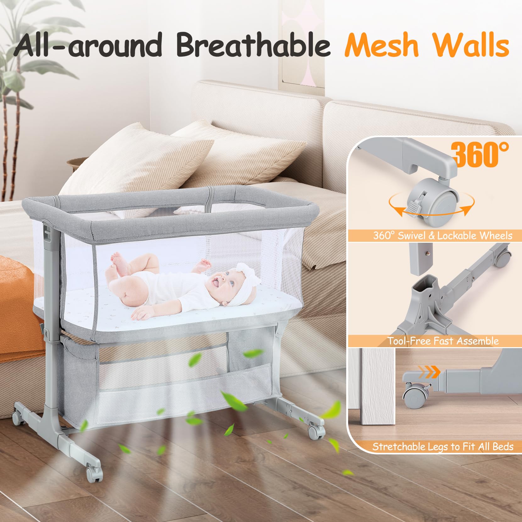 Beistellbett Baby Bettseitiger Bassinet für Neugeborene Tragbar mit Rädern Höhenverstellbar Hellgrau