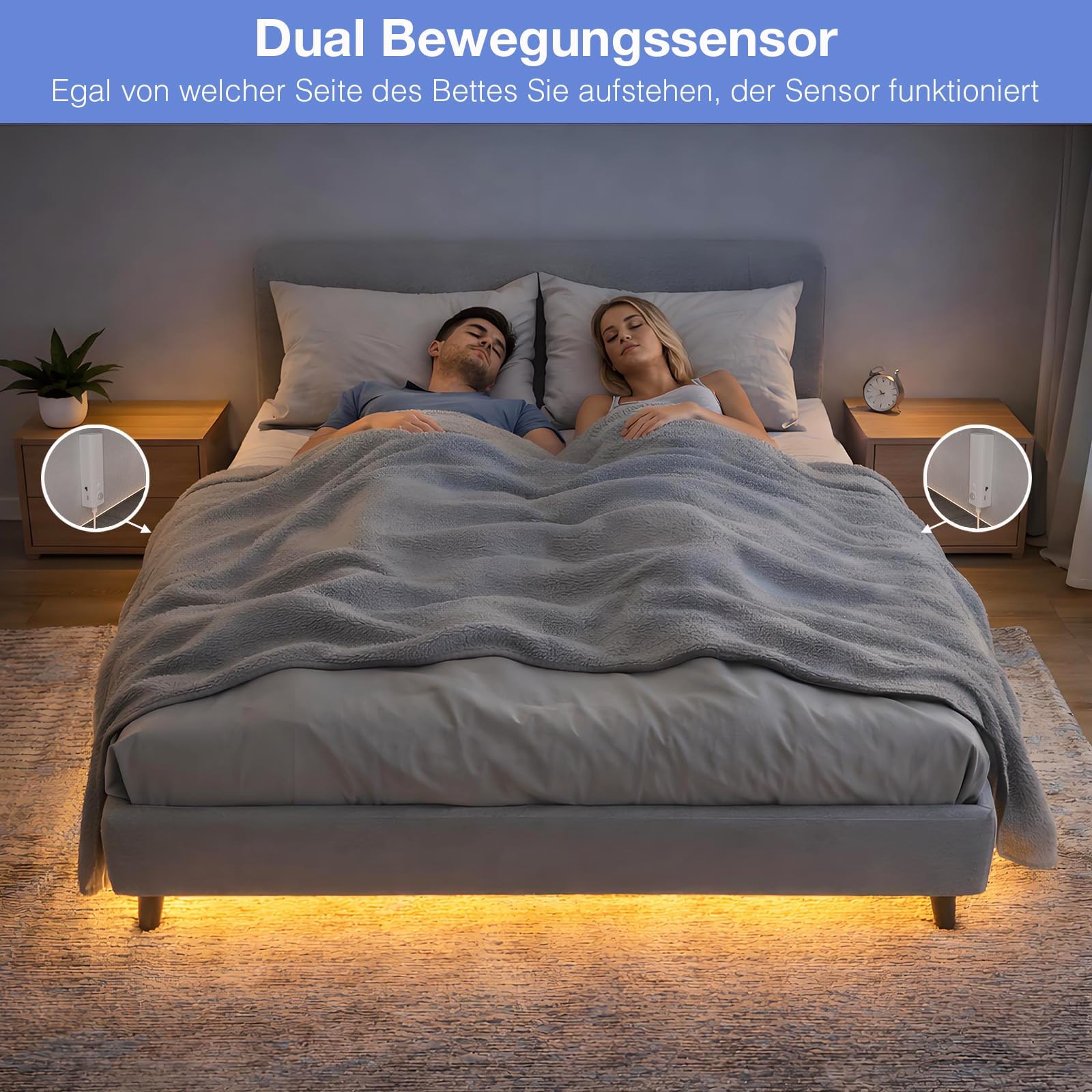 WOBANE Illuminazione per scale con 2 rilevatori di movimento, nastro LED ricaricabile da 5 m, flessibile, con batteria, sensore LED, luce bianca calda, camera da letto, 2700 K