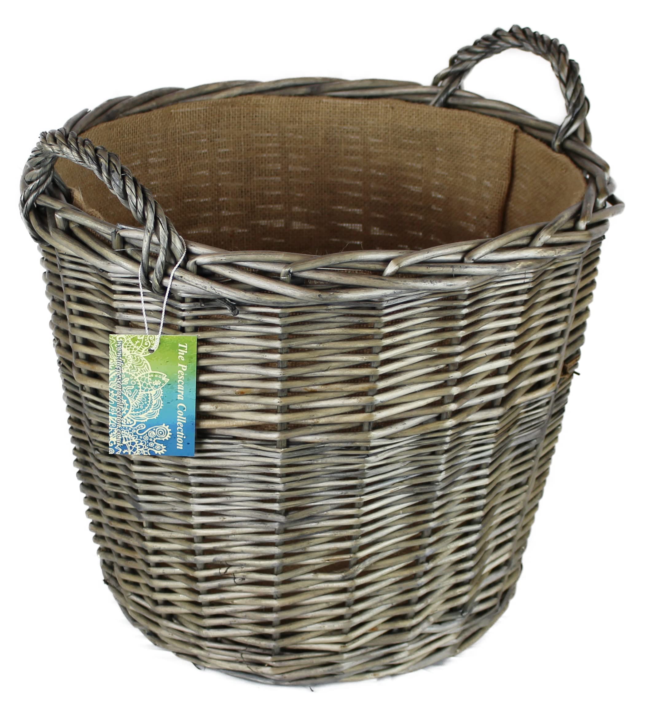 Round Grey & Antiqued Wicker log baskets. Hessian lined. Wood & kindling storage for home hearths and fireplace. Large wood burner bin (Wicker Handle, 42 cm)
