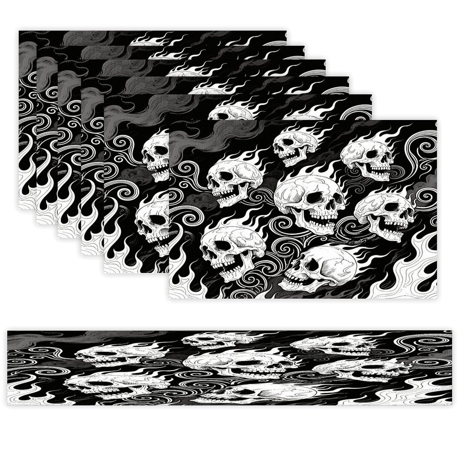 Skull Table Runner and Placemats of 6 Washable Heat Resistant Place Mats with Table Runner Vintage Holiday Table Mat Set for Holiday Party Kitchen Dining Deco