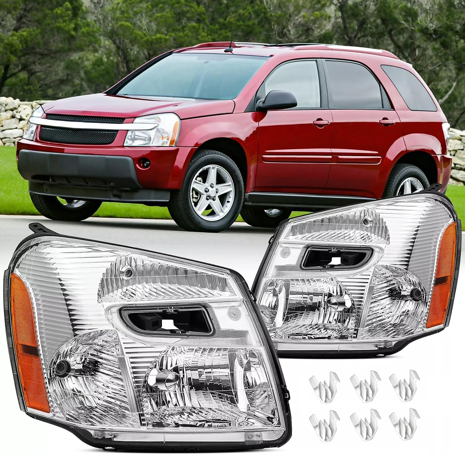 Pair Headlights Assembly With Retainning clips For 2005 2006 2007 2008 2009 Chevy Equinox LS LT LTZ Sport SUV Replacement Headlamps Clear Lens Chrome Housing Amber Reflector W/O BLUBS
