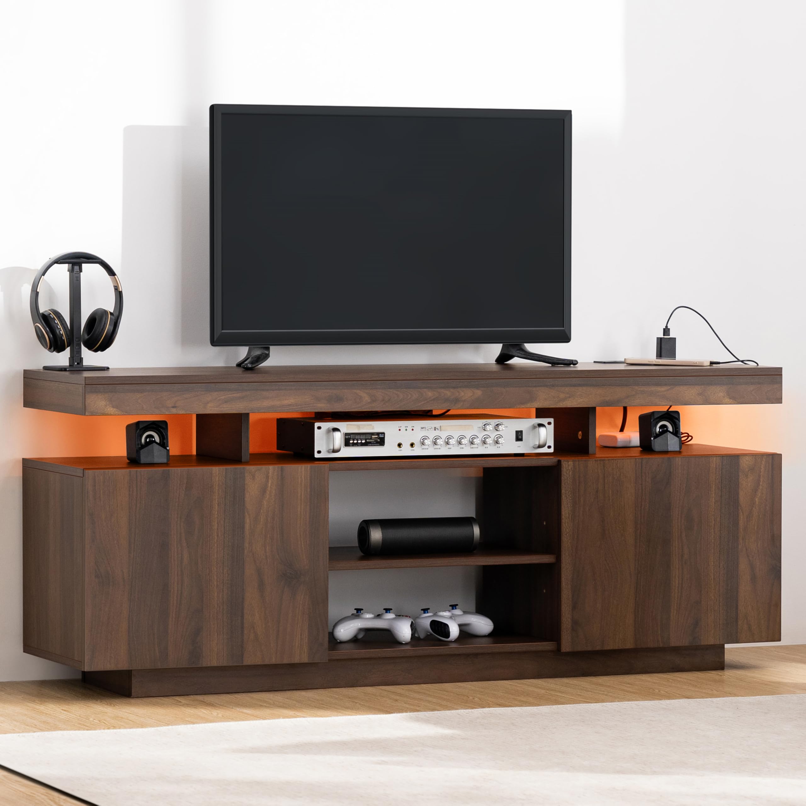 HOMMPA LED TV Stand for 65/60/55 inch TV - Modern Entertainment Center with Power Outlets, Gaming Console Storage Media Table with LED Lights Game