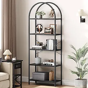 IDEALHOUSE Bookshelf 5 Tier Bookcase Arched Display Racks Tall Standing Bookshelves Metal Frame Open Storage Rack Shelf Narrow Book Shelf for Bedroom, Living Room, Home Office