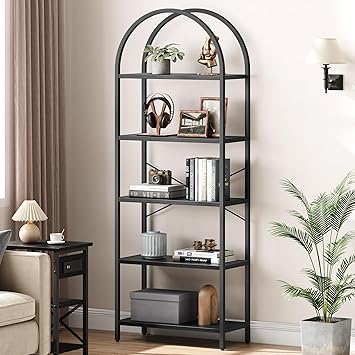 IDEALHOUSE Bookshelf 5 Tier Bookcase Arched Display Racks Tall Standing Bookshelves Metal Frame Open Storage Rack Shelf Narrow Book Shelf for Bedroom, Living Room, Home Office