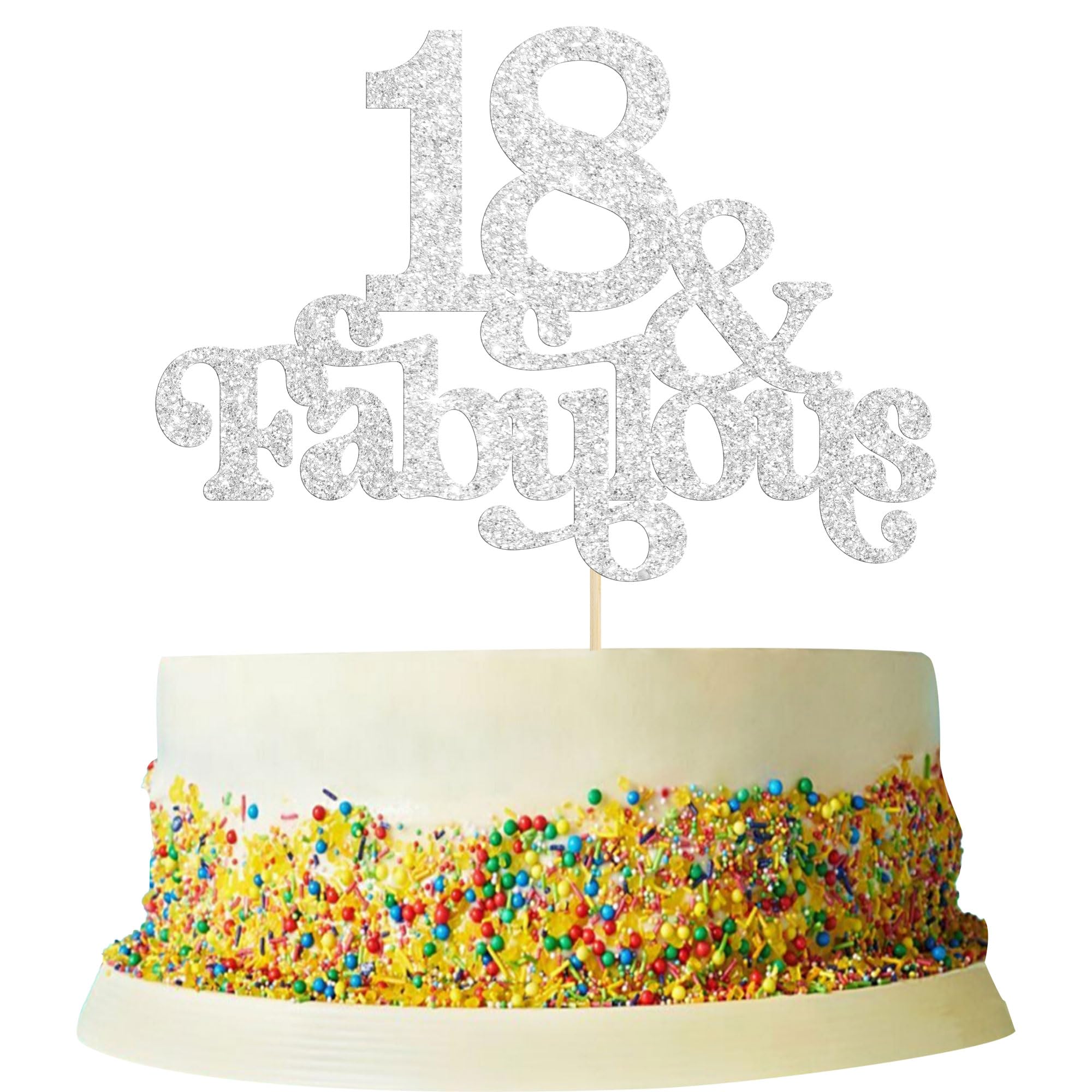 Ephlyn 1Pc 18 & Fabulous Cake Topper Glitter Eighteen and Fabulous Cake Toppers Happy 18th Birthday Cake Pick for 18th Wedding Anniversary Birthday Party Decorations Supplies Silver — image 1
