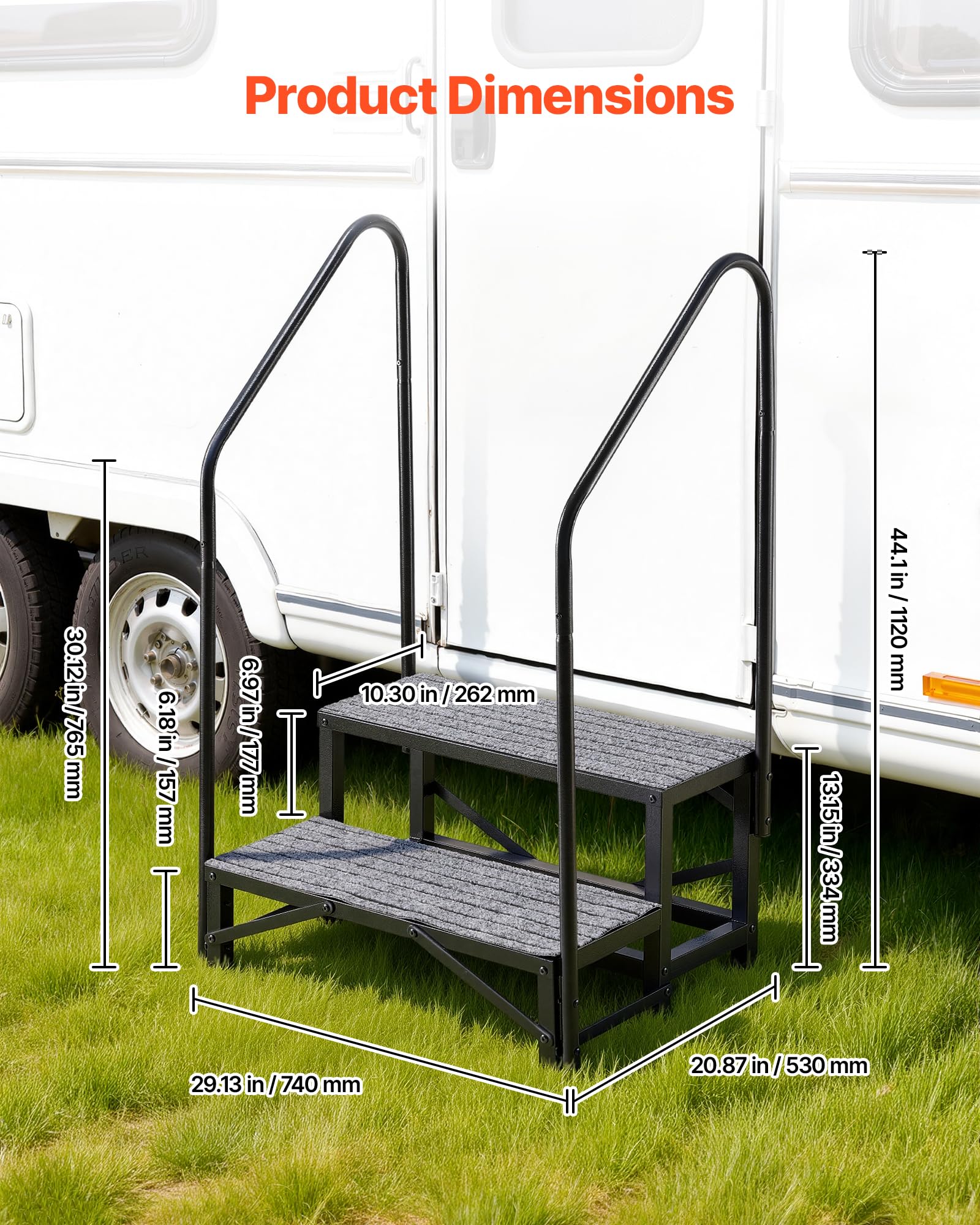 VEVOR Escalier Mobile à 2 Marches, Marchepied avec 2 Rampes pour Caravane, Portable pour Camping-Car, Spa, Piscine, avec Patins Antidérapant pour Personnes Âgées, Animaux Domestiques, Capacité 300 kg