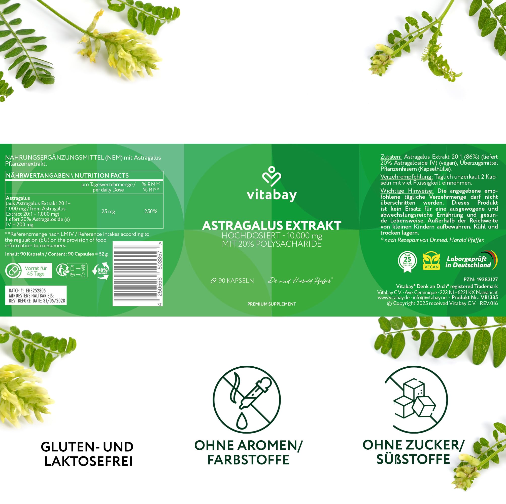 Vitabay Astragalus Kapseln Hochdosiert 10.000mg - 90 Vegane Kapseln Astragalus Extrakt aus der Wurzel - Tragantwurzel Membranaceus mit 20% Polysaccharide - Laborgeprüft