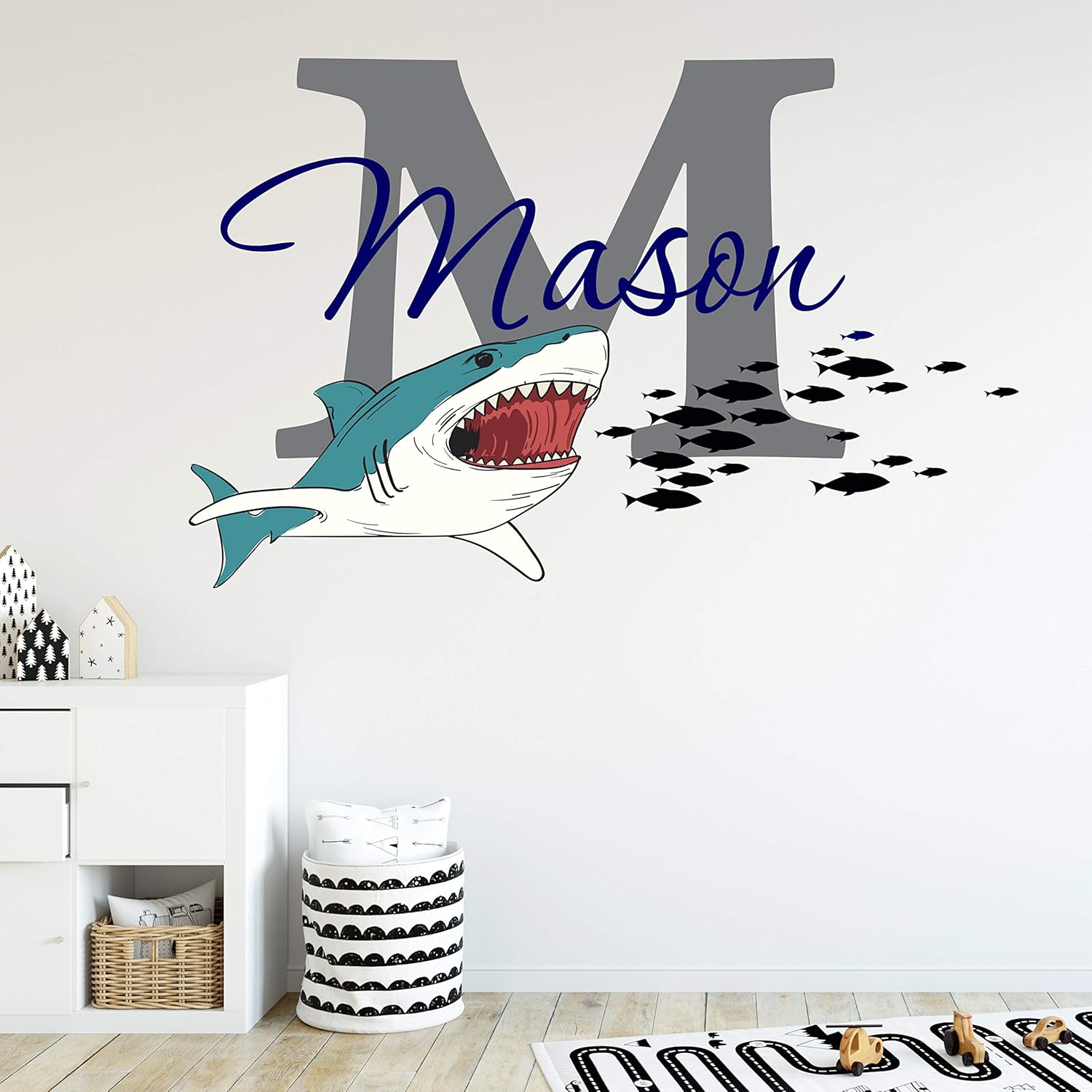 Boys Nursery Great White Shark Bite! Personalized Custom Name and Initial Vinyl Wall Decal, Decor Wall Stickers (Medium)