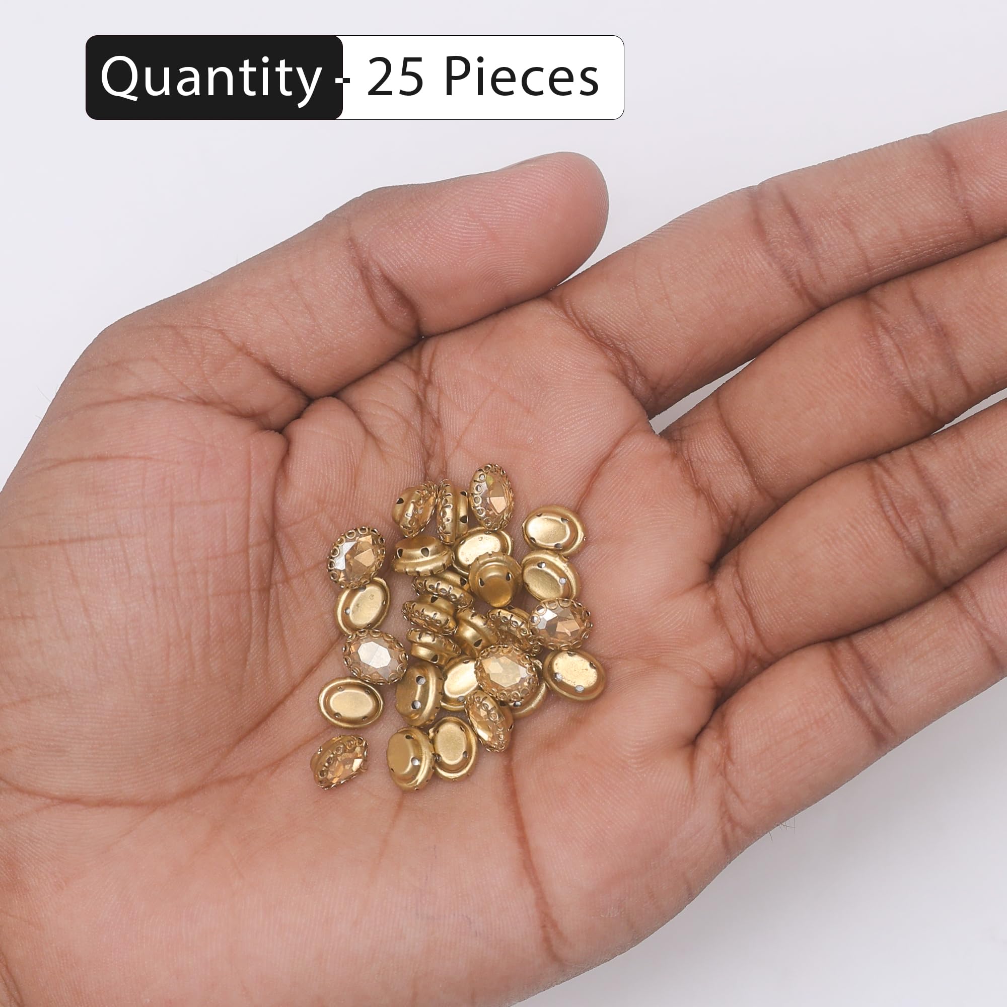 EmbroideryMaterial Glass Sew On Rhinestones with Gold Brass Flower Catcher for Aari Work, Saree, Jewellery, Dress, Craft & Embroidery Designing (25 Pcs, Light Gold, 7x9MM, Oval Shape) 1