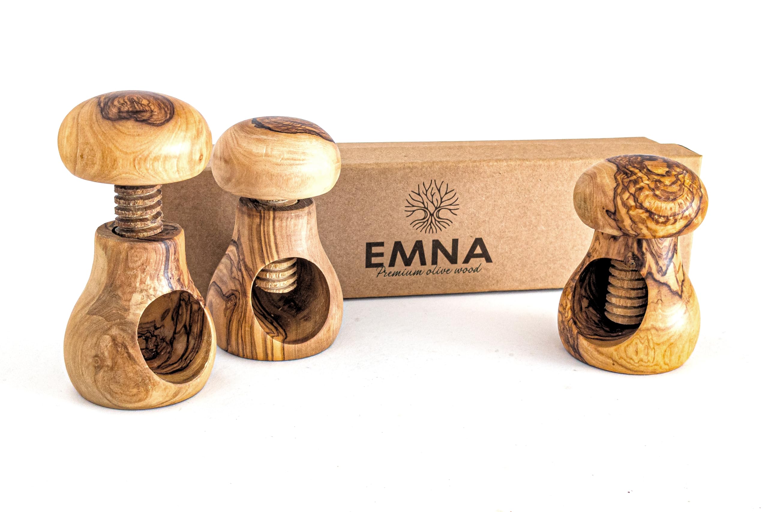 EMNA – Set di 3 schiaccianoci in legno d'ulivo, idea regalo in pregiato legno d'oliva, realizzato a mano a forma di fungo (circa 10 cm) con filettatura a vite, sicuro, durevole, decorativo, Natale,