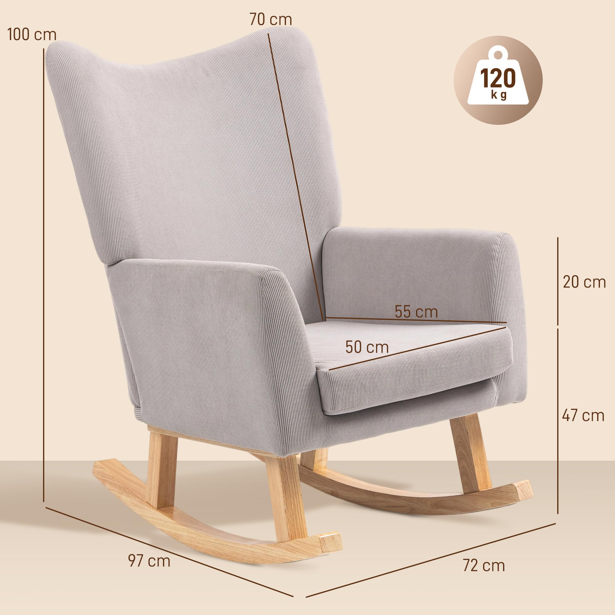 HOMCOM Schaukelstuhl Schaukelsessel mit hoher Rückenlehne, Cord-Optik, Schwingsessel Sessel Relaxsessel mit breite Armlehne, Holzkufen, Stillsessel für Wohnzimmer, Schlafzimmer, Balkon Hellgrau
