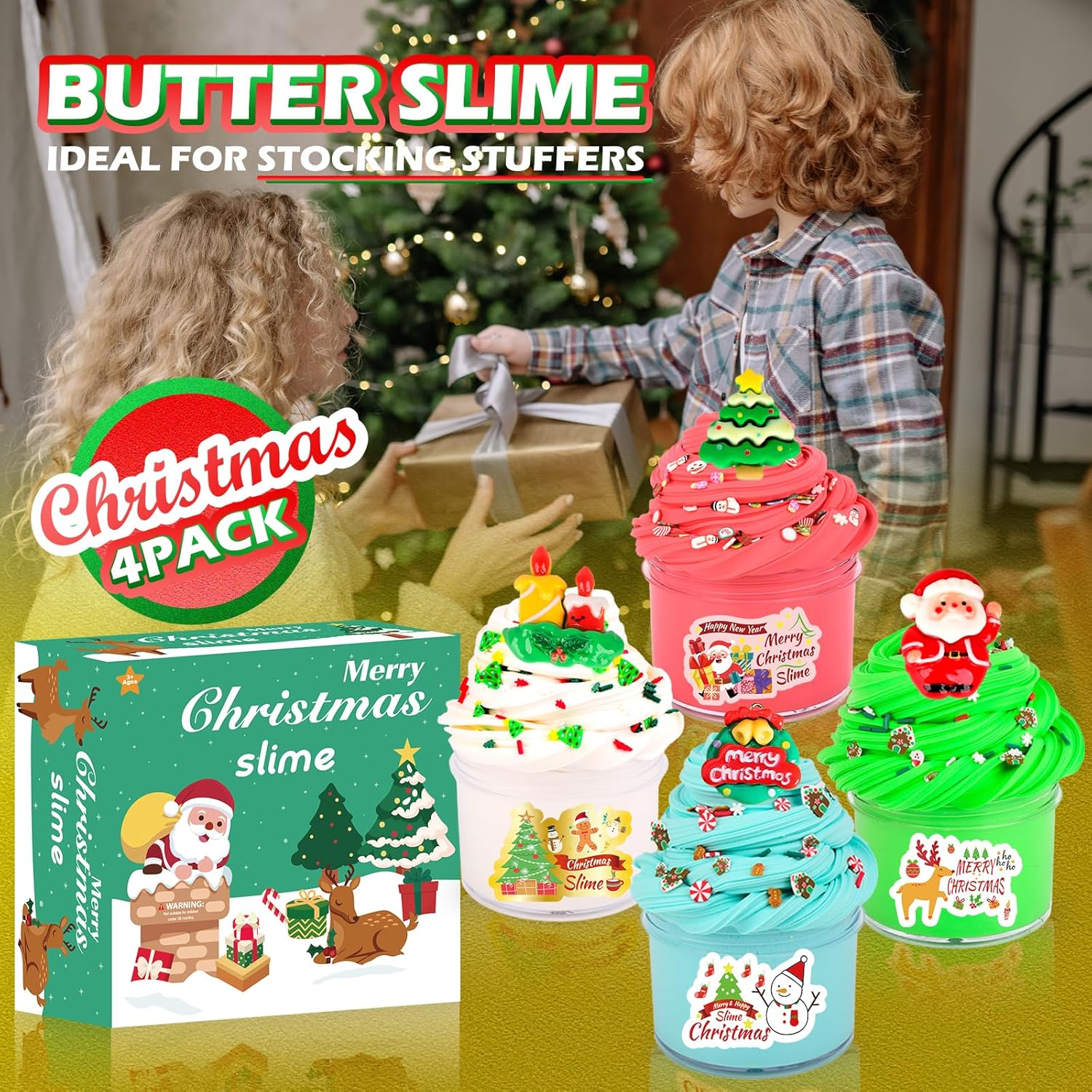 Christmas Butter Slime Kit 4 Pack, Santa Claus, Xmas Tree, Wreath, Candlestick Charms Mix Ins for Girl Boy, Holiday Slime for Christmas Stocking Stuffers, Premade Xmas Slime Kids Party Favors