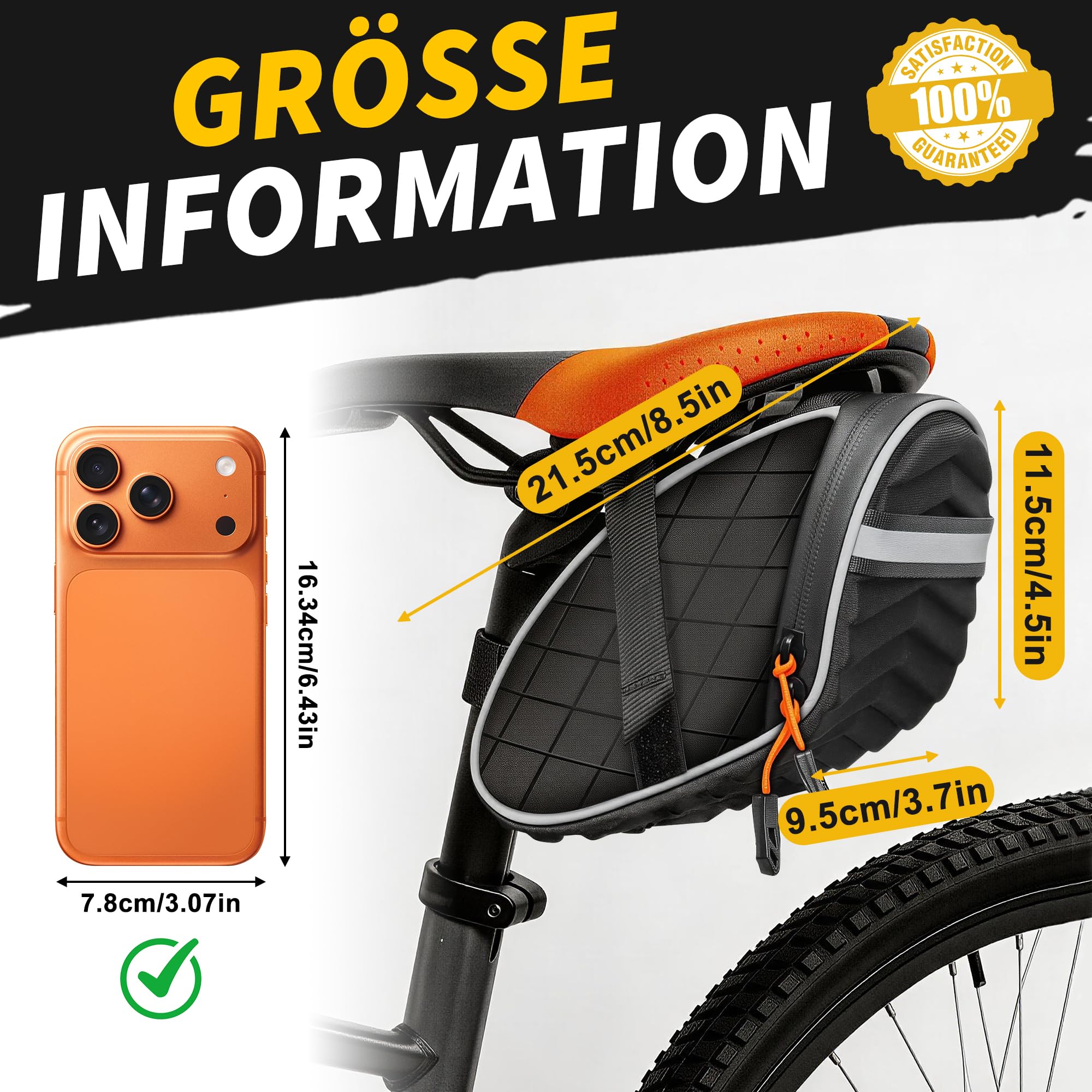 Fahrradtasche Satteltasche,Satteltasche für Mountainbikes und Rennräder mit Wasserdichten Reißverschlüssen,Schwarz（21.5 x 9.5 x 11.5 cm）