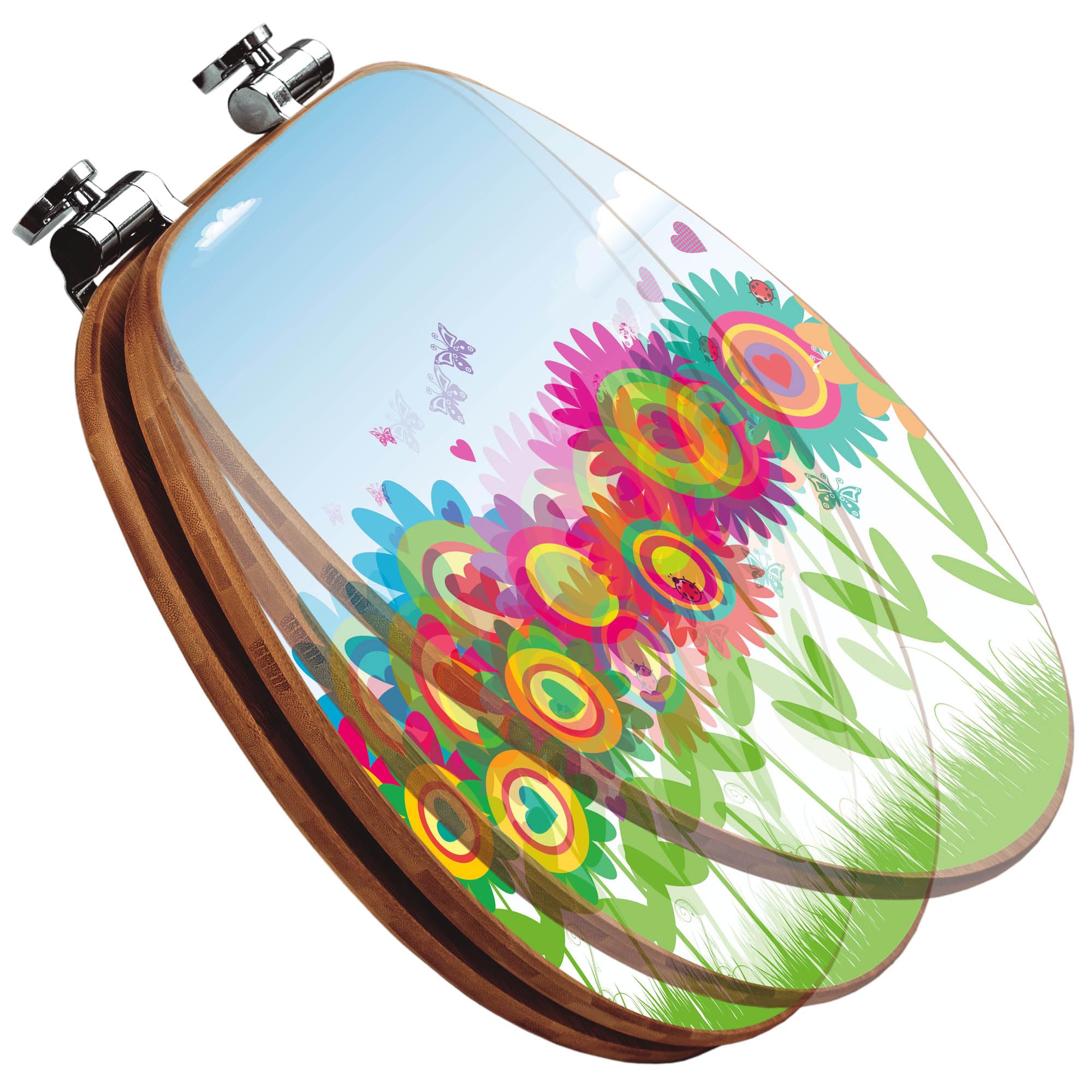 banjado Design WC Sitz Bambus Absenkautomatik 45,8x37,5cm - Toilettendeckel mit Absenkautomatik Holz - hochwertiger Bambus Klodeckel - WC-Sitz für gängigen Toiletten - Motiv Bunte Blumen
