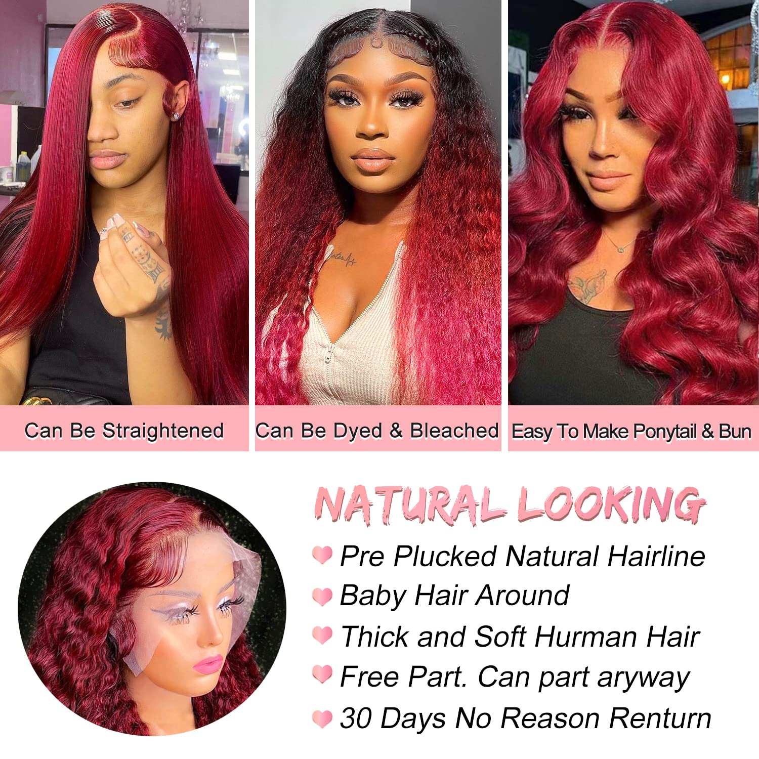 Burgundy Lace Front Wig Human Hair 13x4 99J Red Curly Lace Front Wig 180% Density HD Transparent Frontal Wig Colored Pre Plucked with Baby Hair Glueless Wig (22 Inch, #99J Curly)