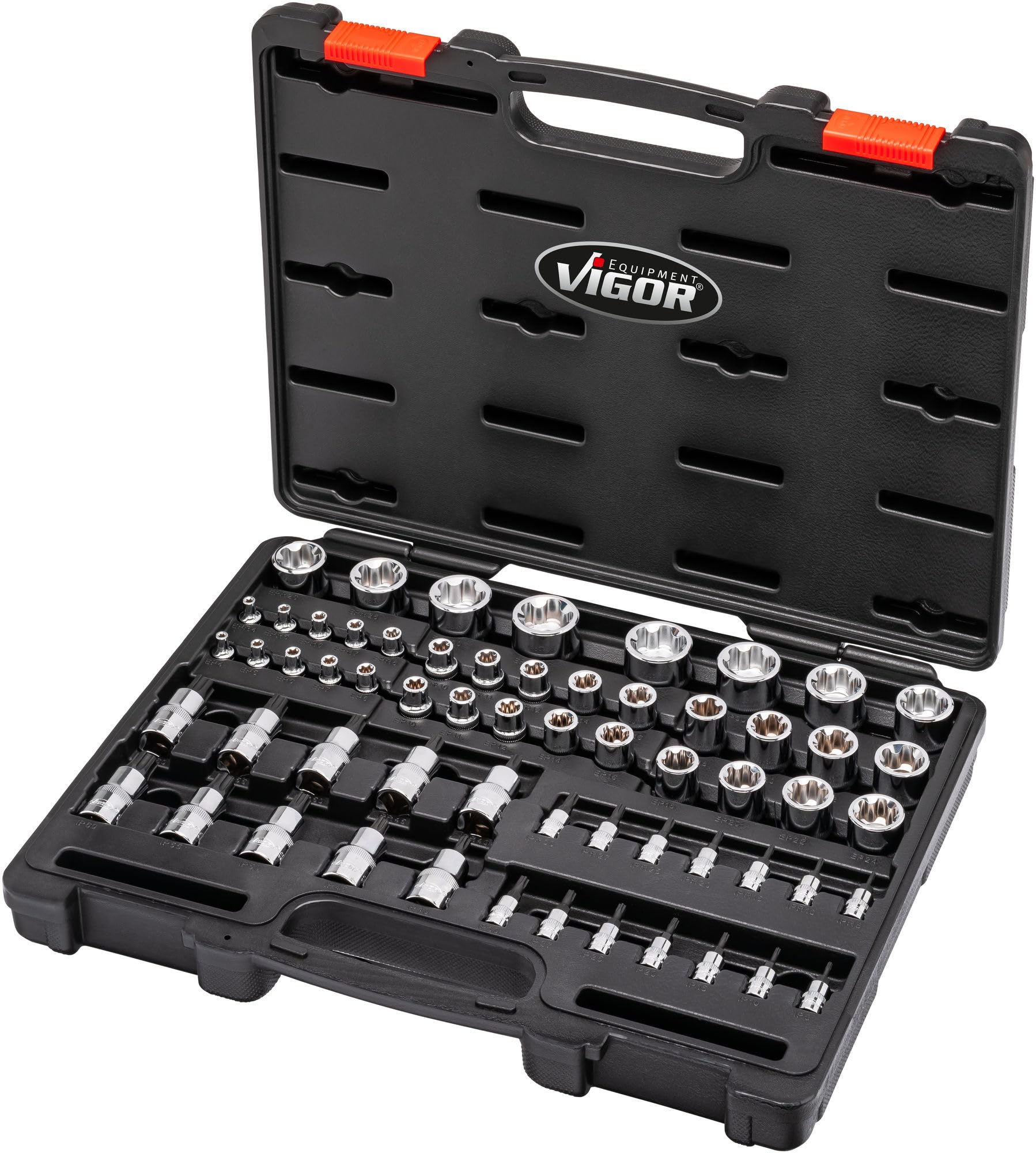 ViGOR T zestaw nasadek V7920N, 60 narzędzi, 1/4", 3/8", 1/2" kwadratowe, profil E, profil T, do BMW, VAG, MERCEDES-BENZ, AUDI, MAN, FORD, OPEL
