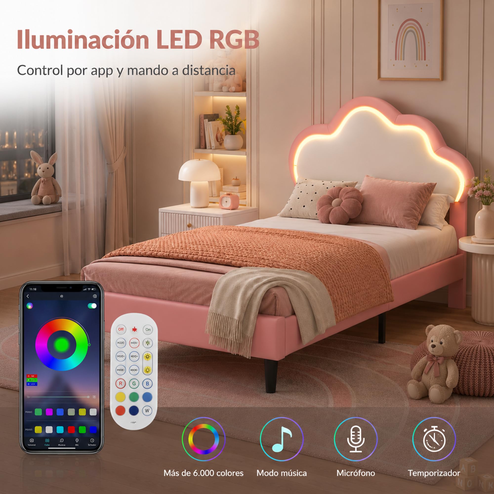Cama infantil niña 90 x 200 cm, cama infantil nube con LED, cabecera ajustable en altura en forma de nubes, somier de láminas, camas acolchadas para 1 persona para niña adolescente, PU, rosa+blanco