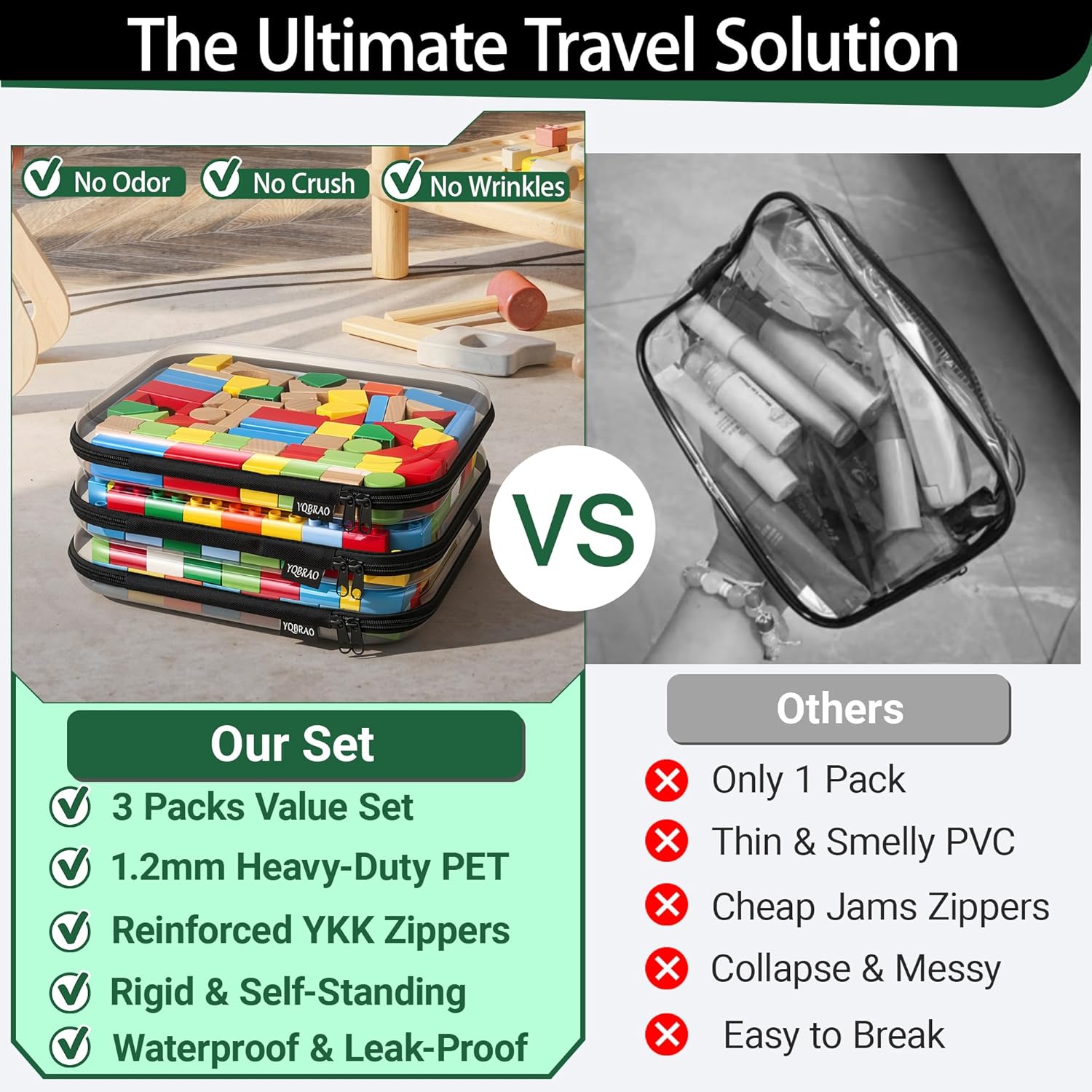 YQBRAO 3-Pack Large Clear Hard Shell Zipper Case, 1.2mm Rigid Toy & Cosmetic Bags, Heavy-Duty Diaper Bag Pouch Set with YKK Zippers, Waterproof Travel & Makeup Organizer (Black) thumbnail