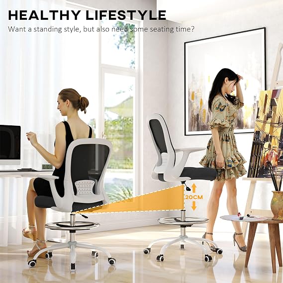 HOMCOM Drafting Chair, Ergonomic High Office Chair with Flip-up Armrest, Mesh Back, Lumbar Support, Adjustable Foot Ring, Swivel Wheels, for Standing Desk, Black and White