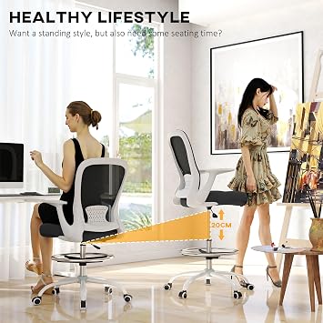 HOMCOM Drafting Chair, Ergonomic High Office Chair with Flip-up Armrest, Mesh Back, Lumbar Support, Adjustable Foot Ring, Swivel Wheels, for Standing Desk, Black and White