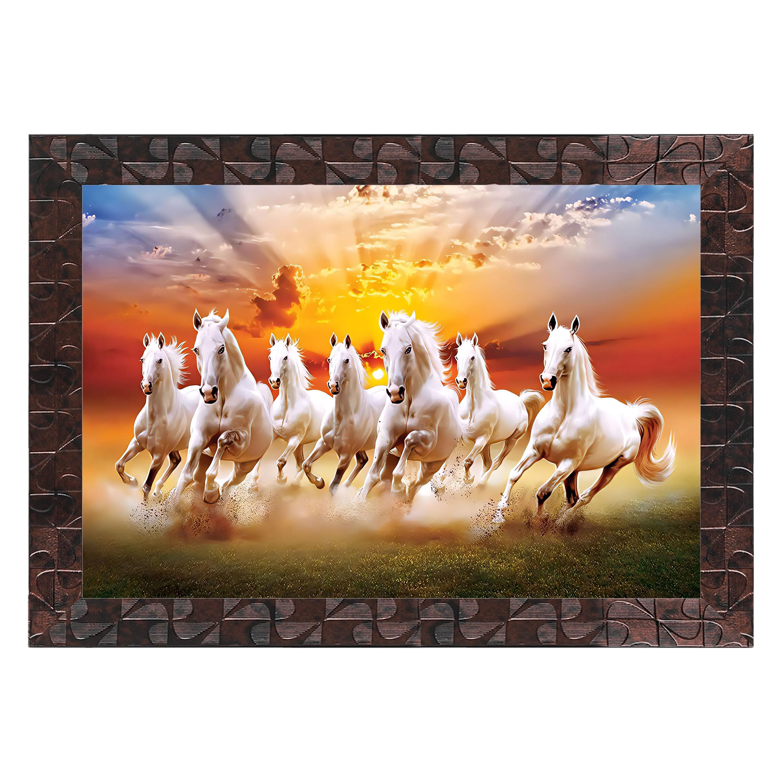 Indianara Vastu Runing Seven Horses Painting With Frame 13 Inches X 10 Inches (Style 9)