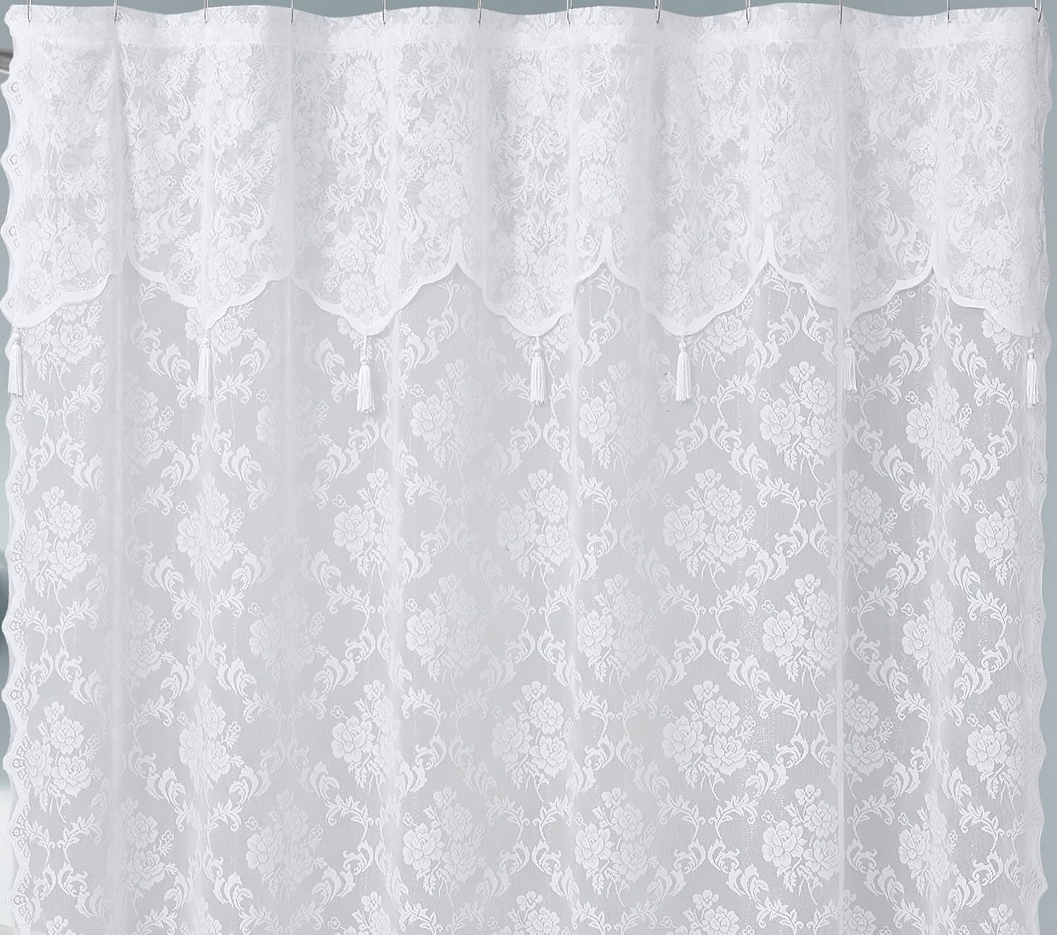 White Lace Shower Curtain. 72 x 84 Inches Classic Floral Design Bath Curtain with Attached Valance and Tassels. Affordable Shower Curtains Make Any Bathroom Look Upscale. MIS 72” x 84” White