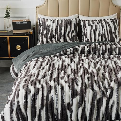 Miniatura 4 de Jameswish Juego de edredón suave y esponjoso de piel de conejo, juego de ropa de cama de pelo sintético a rayas con funda de almohada, juego de cama