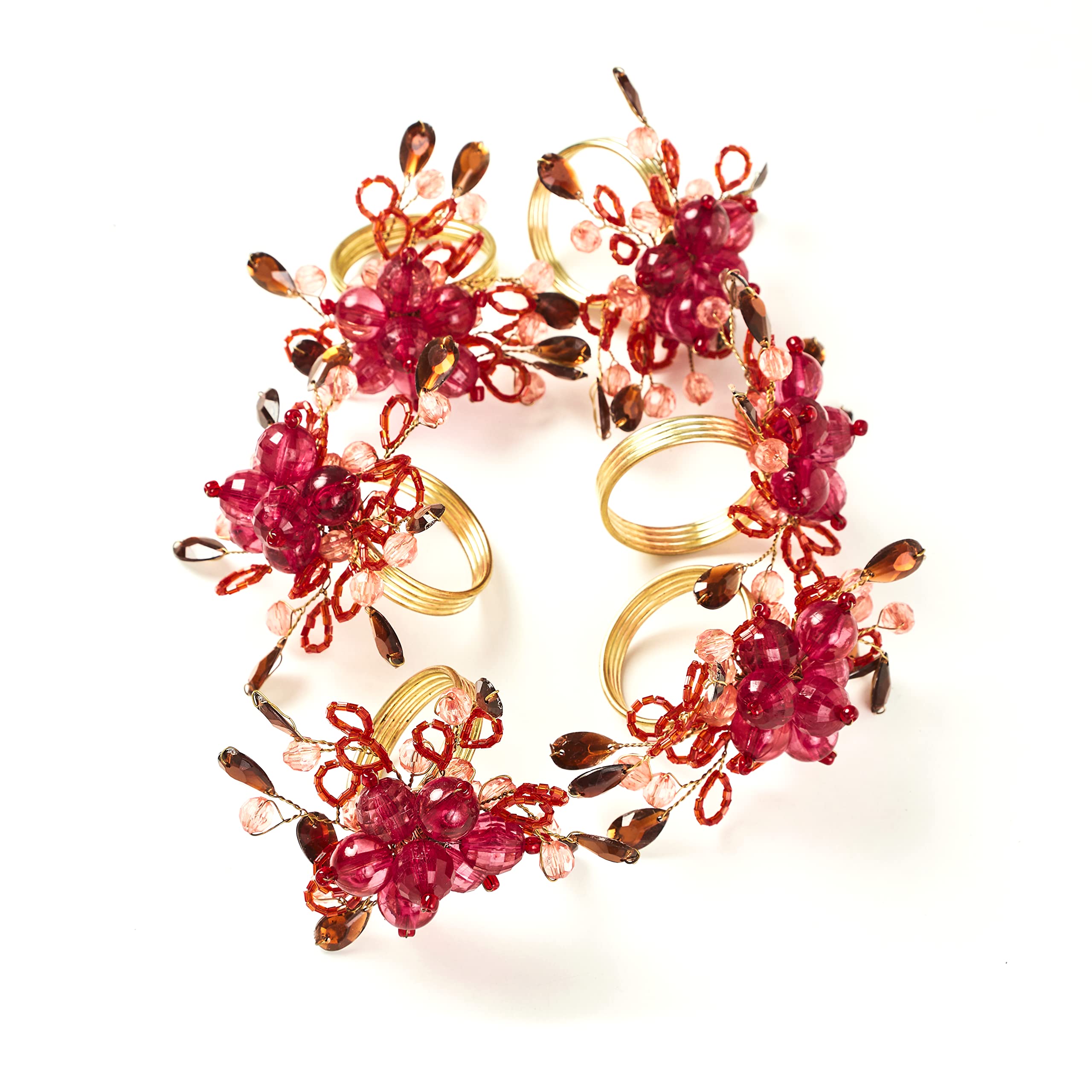 Penguin Home Set of 6 Handcrafted Floral Style Beaded Napkin Rings/Napkin Buckles/Table Decor for Dinner Wedding Party/Thanksgiving, Christmas/Size - 10.5 x10.5 x 6.5 cm/Pink