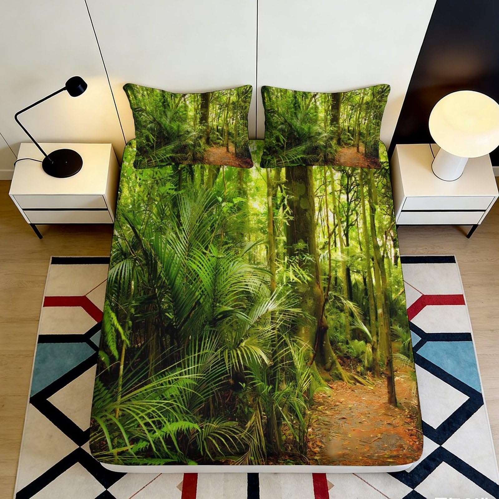 3D Printed Tropical Rainforest Fitted Sheet Microfiber Soft Green Jungle Bed Cover for Bedroom Guest Room Decor 90x200x25cm