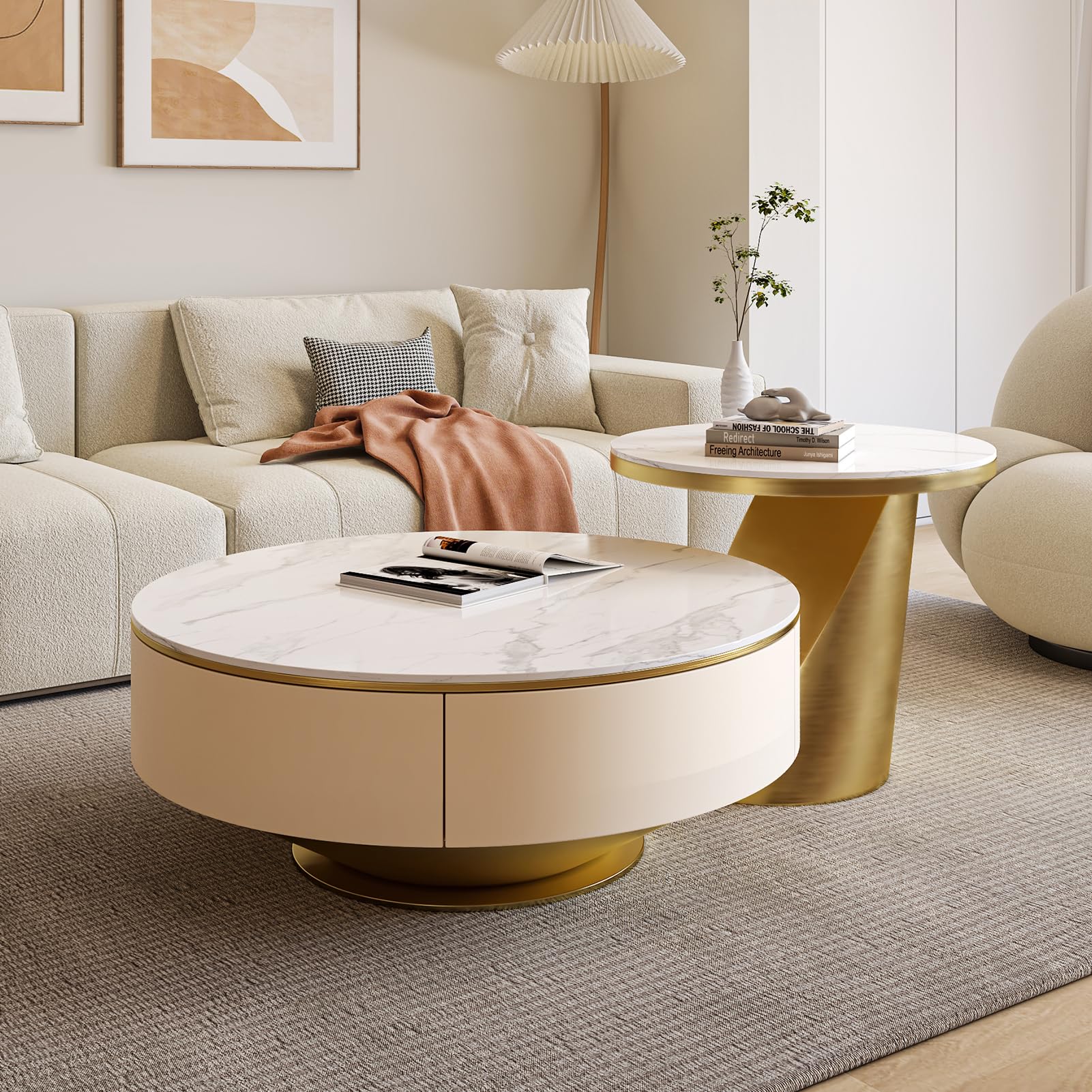 Luxury Nesting Coffee Table with 2 Hidden Storage Drawers, Fully Assembled Round Center Table for Living Room,Premium Marble Top with Metal Base,No Installstion Needed (Round Gold) COFFEE TABLE ONLY