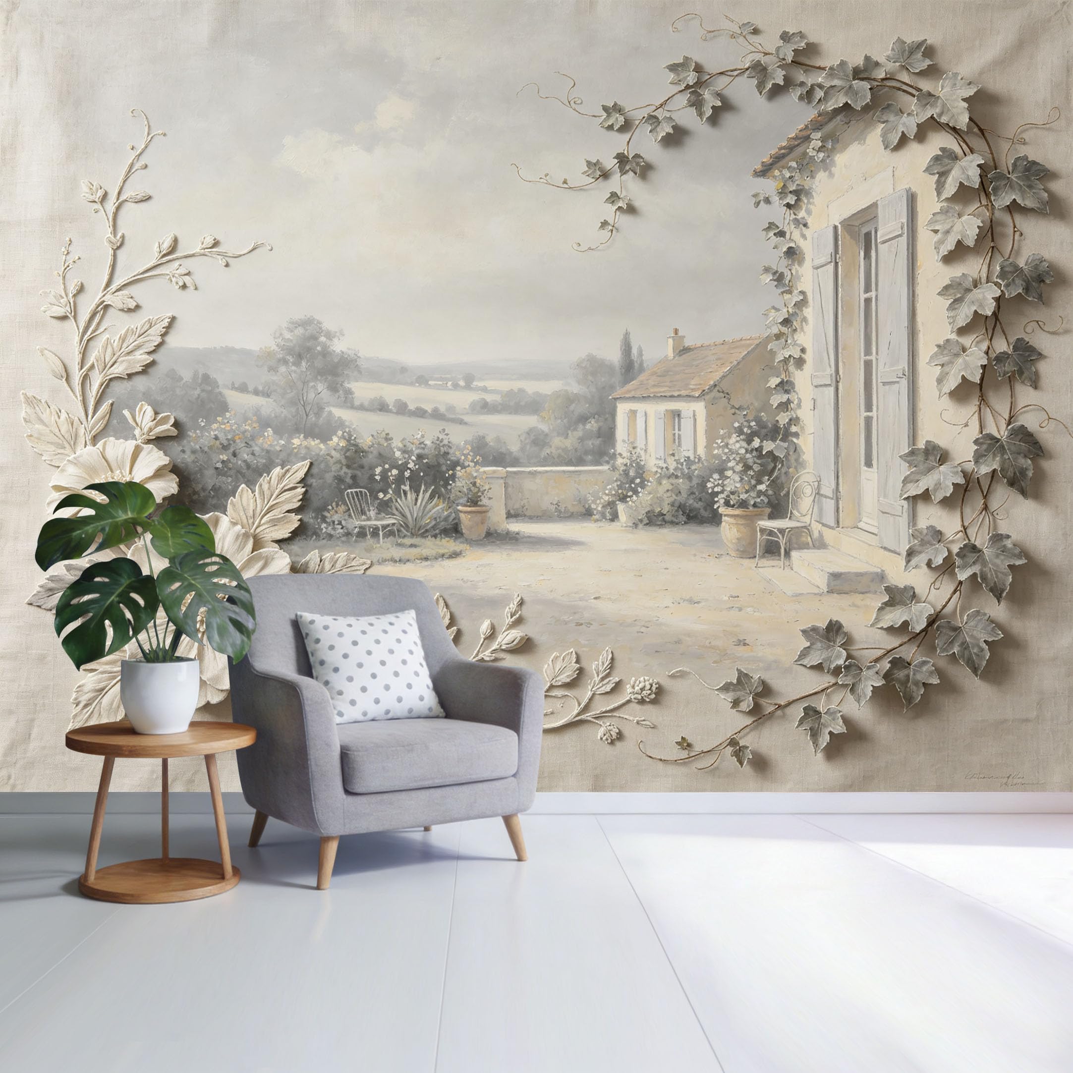 Custom Size Wall Mural French Countryside Terrace Floral Embossed Vintage Landscape Watercolor Style SelfAdhesive Wall Fabric Removable Wallpaper for Home Office Decor