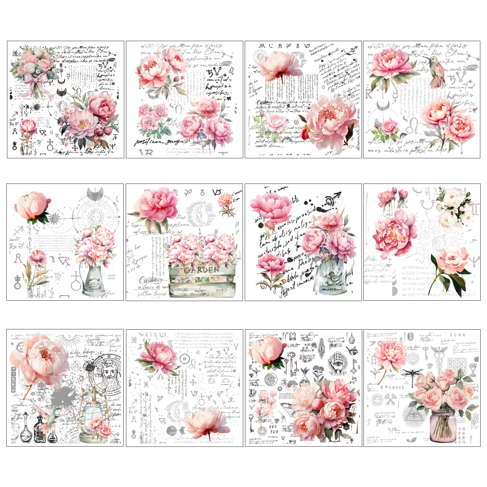 Rub on Transfers for Furniture Crafts Stickers - 12 Sheets Peony Flower Rub on Transfers for Crafts and Furniture Vintage Floral Transfer Stickers