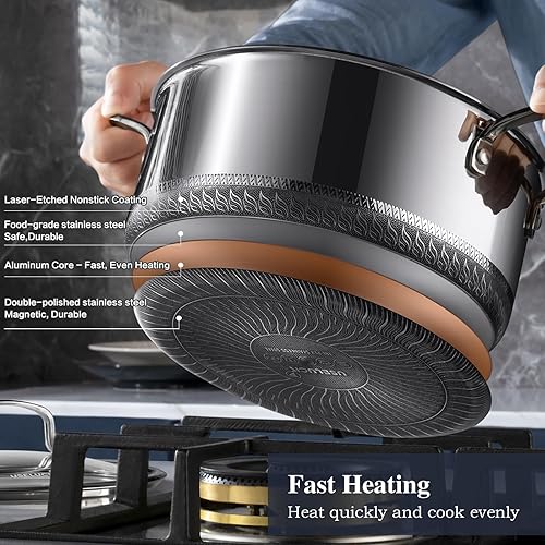 Miniatura 2 de Juego de ollas antiadherentes híbridas, sartén de 1.5 cuartos de galón, olla de 2 y 5.2 cuartos de galón con tapas de vidrio, juegos de utensilios