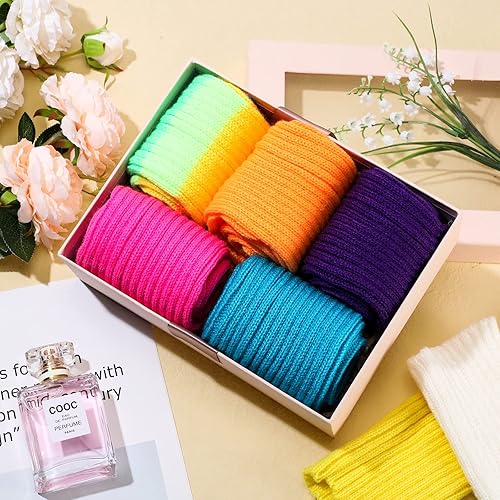 Miniatura 3 de SATINIOR Calentadores de piernas de punto acanalado de los años 80 para mujer, calentadores de piernas altas de neón de los ochenta, traje caliente