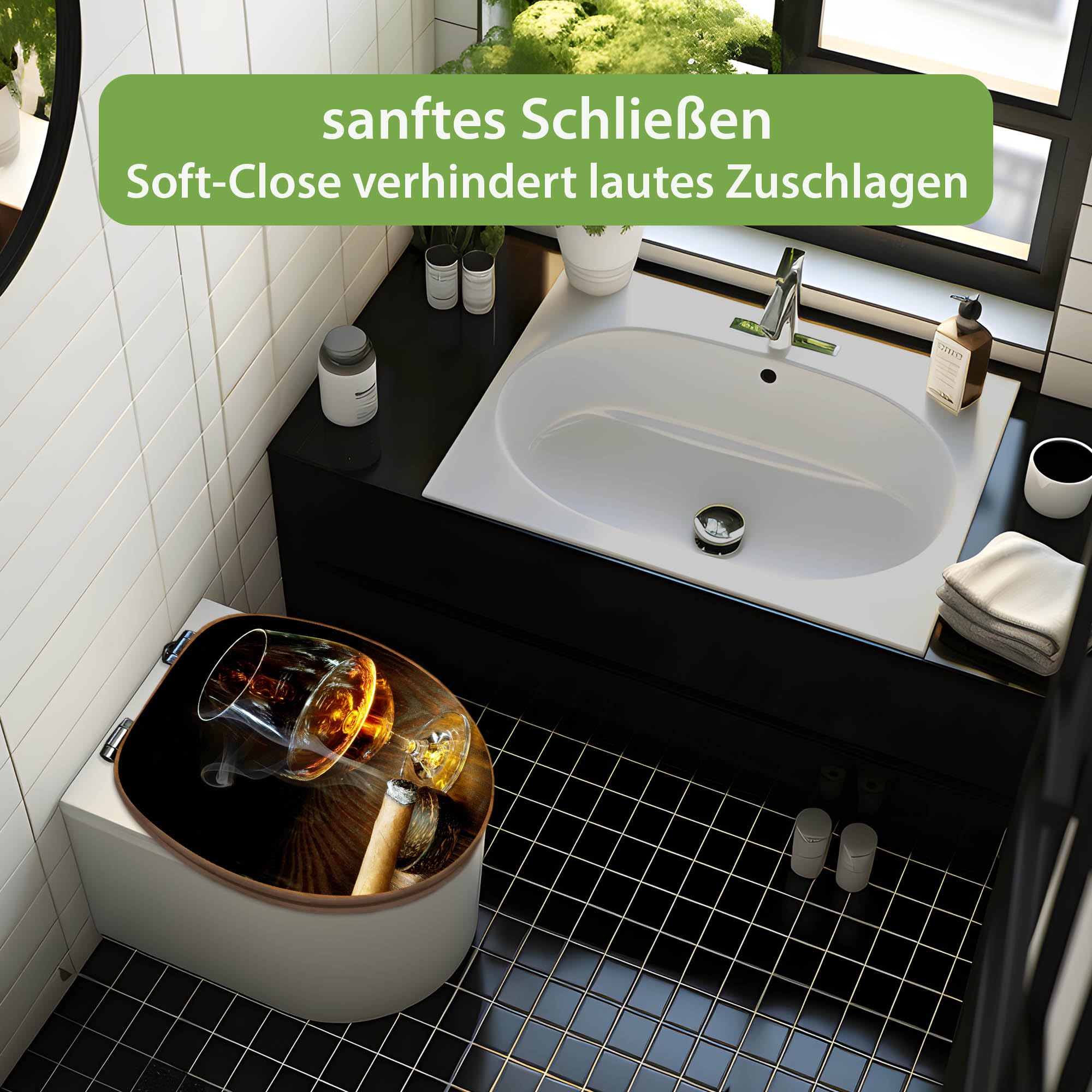 banjado Design WC Sitz Bambus Absenkautomatik 45,8x37,5cm - Toilettendeckel mit Absenkautomatik Holz - hochwertiger Bambus Klodeckel - WC-Sitz für gängigen Toiletten - Motiv Whiskey & Cigar