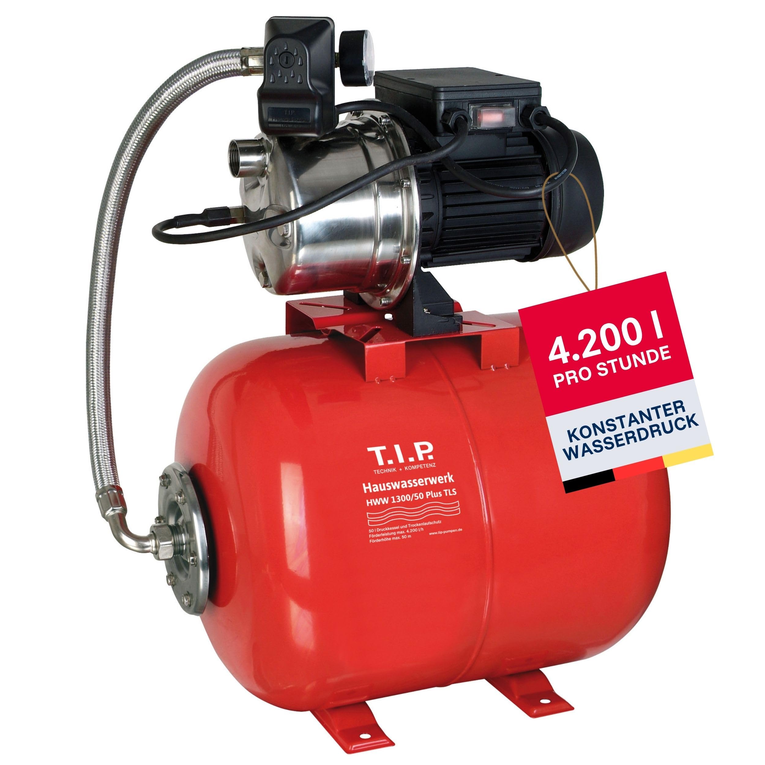 T.I.P. Hauswasserwerk 4200 l/h & 50 L Kessel, Druckerhöhung und Bewässerung | HWW 1300/50 Plus TLS 50L Stahl-Druckkessel, 1200W Leistung, 4200 l/h Fördermenge und 5.0 bar für Haus und Gartenbewässerung