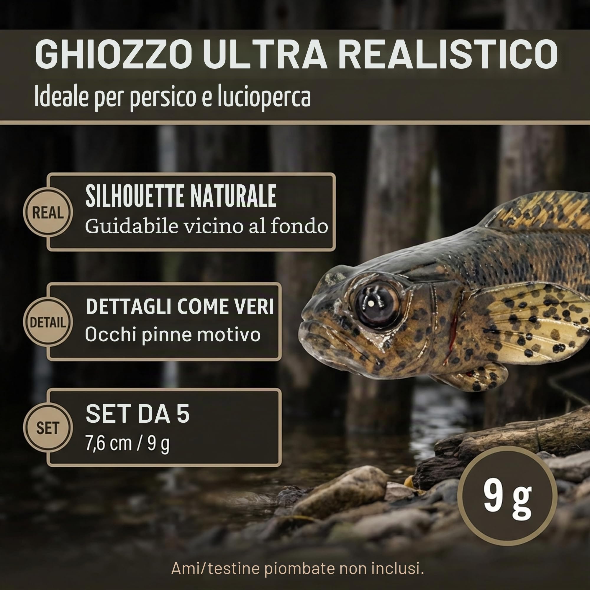 FISHN Set di 5 pesci di gomma GOBYONE 7,6 cm 9 gr ultra realistici per la pesca di pesce persico e