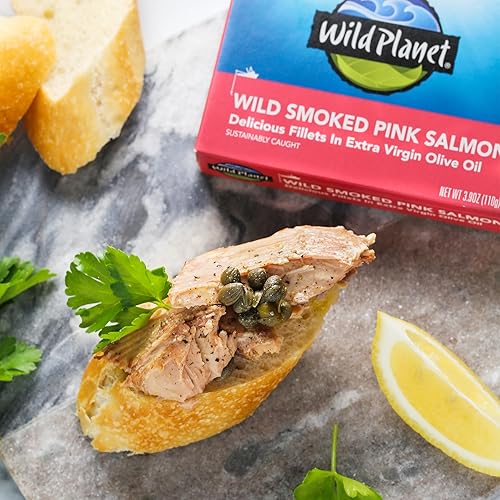 Miniatura 5 de Wild Planet Filetes de salmón rosa ahumado salvaje en aceite de oliva virgen extra, pescado enlatado, salmón enlatado, capturado en estado silvestre
