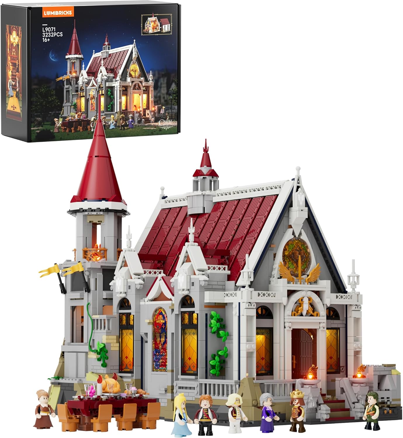 LUMIBRICKS Medieval Castle Banquet Hall Lighting Building Bricks Set - Middle Ages City Town Modular Collection Display Kit with Minifigures 3232 Pcs for Adults & Teens