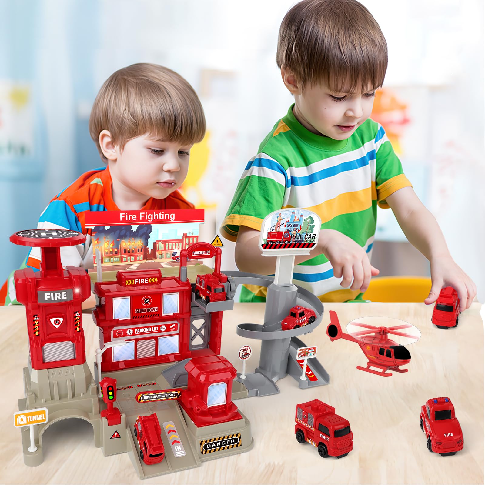 deAO Camion de Pompiers Jouet 2 Étages Dès 3 Ans – Caserne Garage avec Lumières et Sons, 3 Voitures et Hélicoptère, Jeu de Sauvetage et Cadeau Enfants