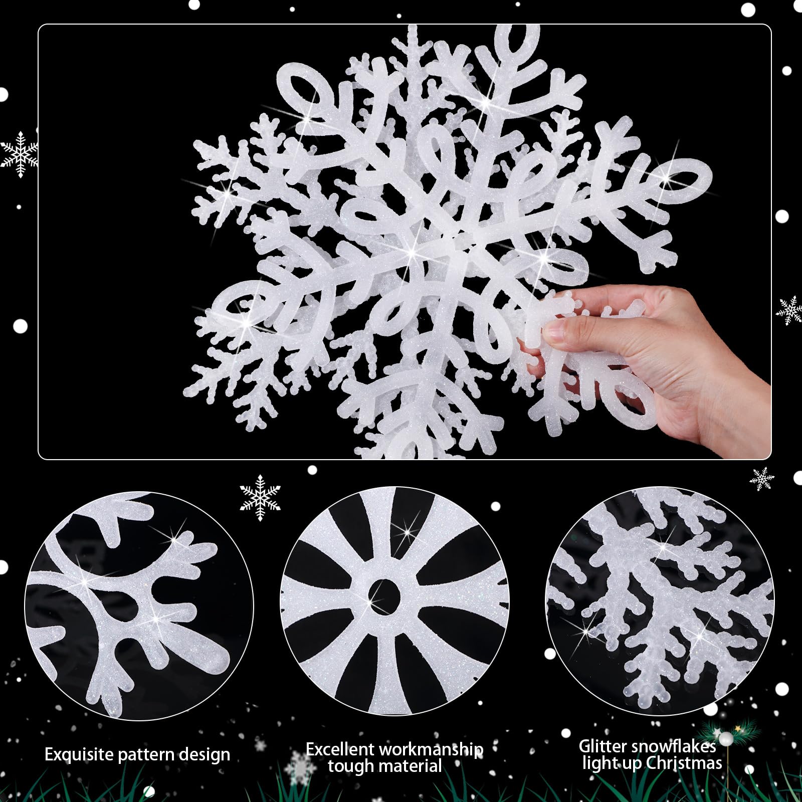 Sratte 12 Stück 40,6 cm große Schneeflocken-Ornamente, riesige glitzernde dekorative hängende Schneeflocken, 6 Designs, Weihnachtsdekoration, hängende Ornamente, Winter-Fensterdekoration mit