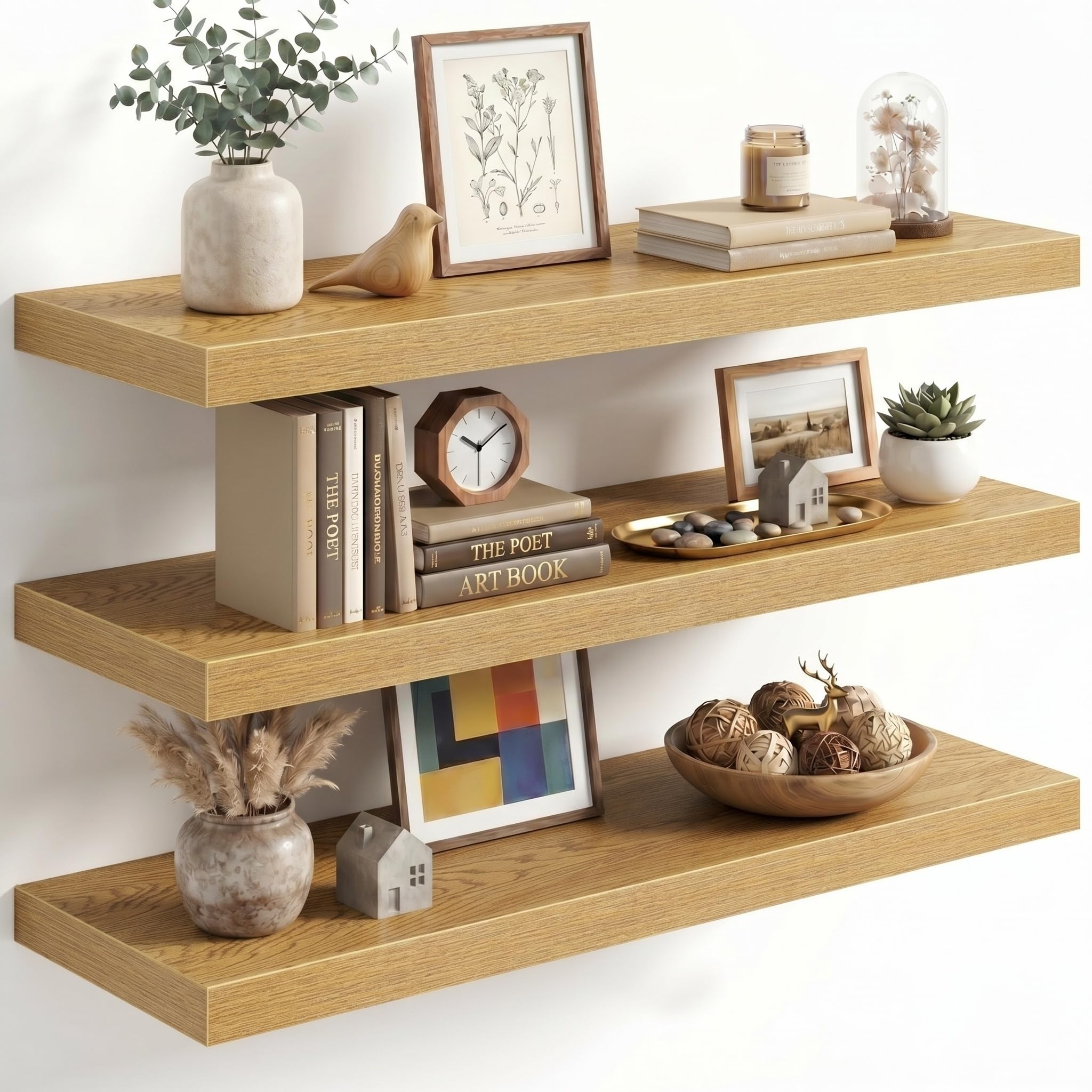 Fun Memories 30 Inch Floating Shelves for Wall, Oak Wood Wall Mounted Shelf with Invisible Bracket, 10 Inch Deep Large Shelves for Living Room Bathroom Bedroom, Set of 3