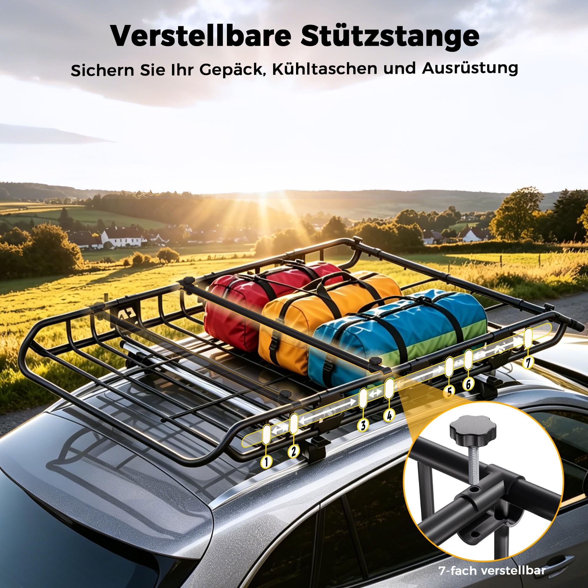 Dachgepäckträger 163 x 99 x 13 cm mit wasserdichter Dachtasche 556L | 90kg Tragfähigkeit, Verstellbare Trennstange, Gepäcknetz, Spanngurte & Schlösser, Universal für SUV Pickup Camping