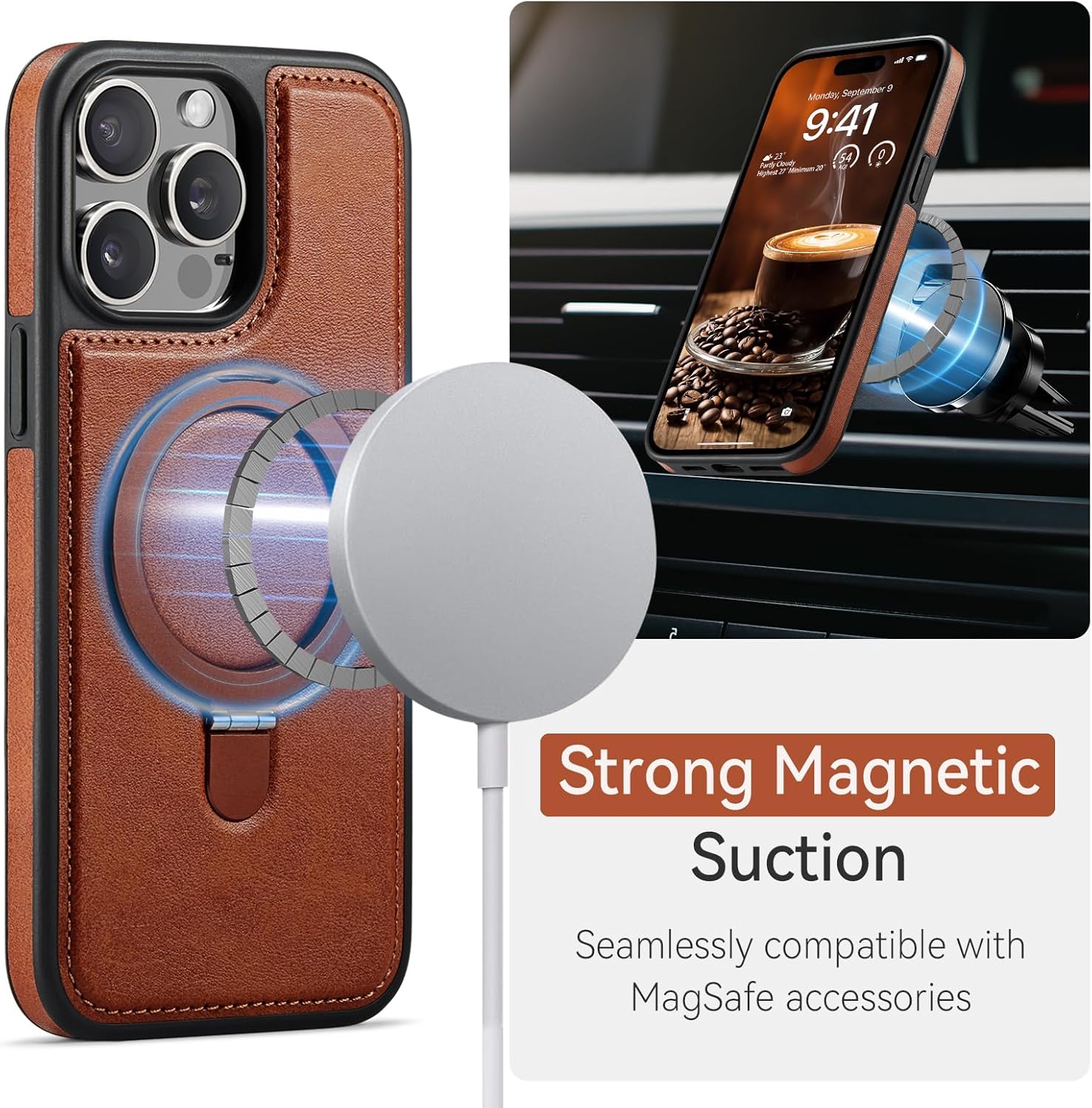 CHEEWADA Compatible with iPhone 15 Pro Max Case with Stand, Compatible with MagSafe, Slim PU Leather & Durable TPU Protective Cover Drop-Proof with Tempered Glass Screen Protector 6.7", Brown - Image 4