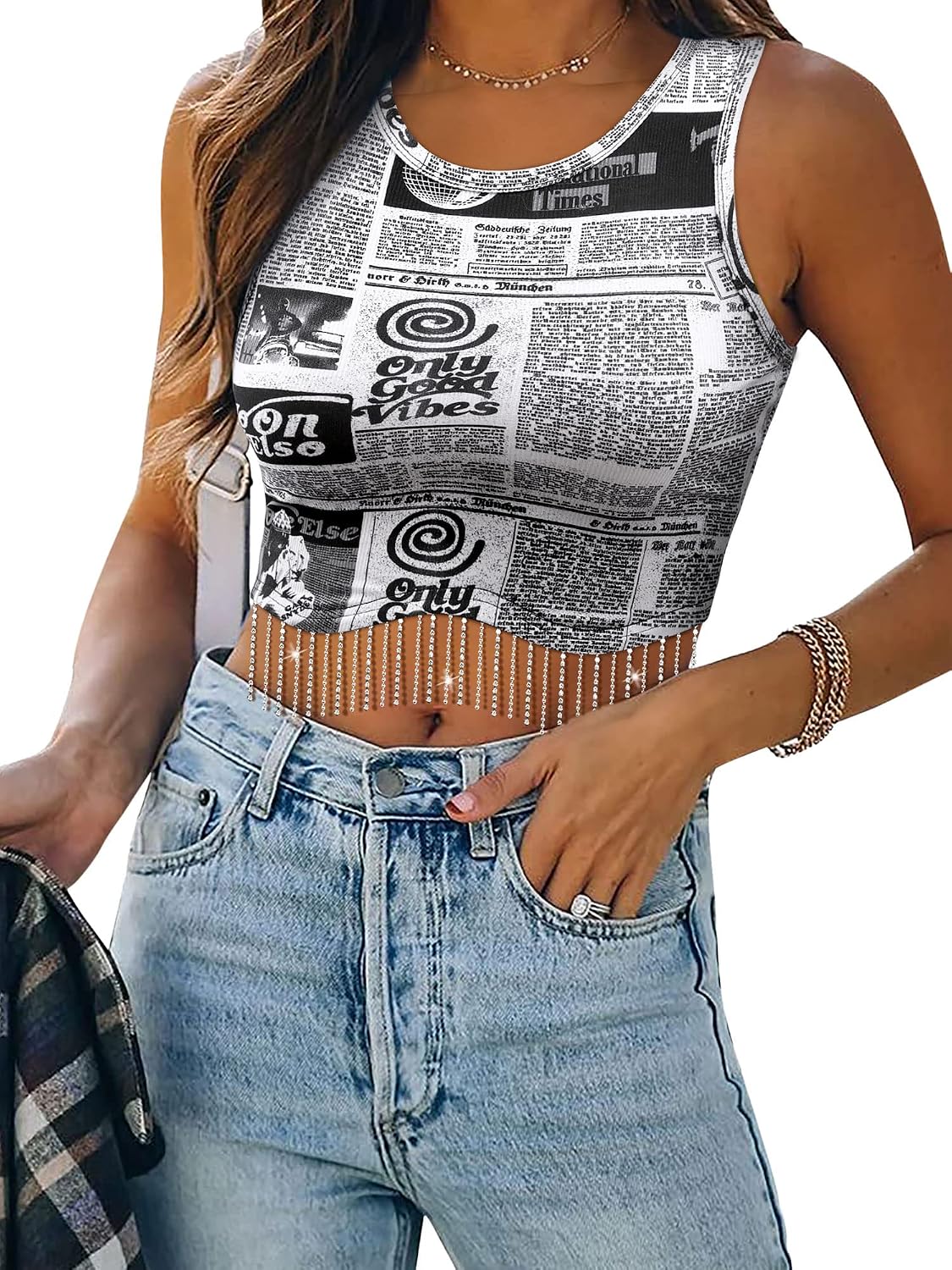 Womens Western Sparkly Fringe Sleeveless Crop Tops Cowgirl Going Out Cropped Tank Tops with Glitter Tassel